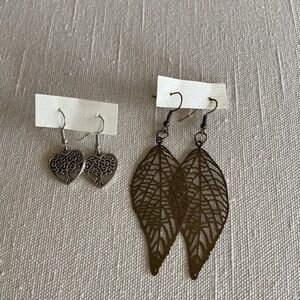 Silver Heart and Bronze Leaf Earrings Set